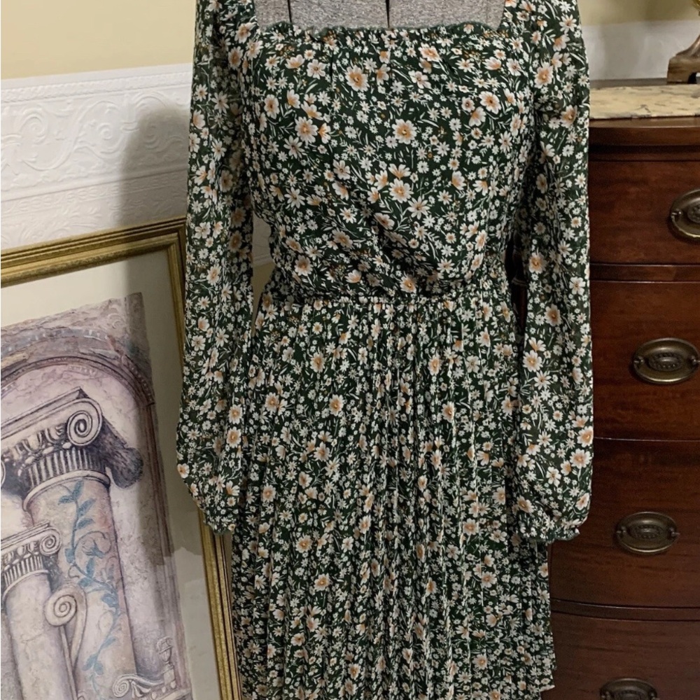 Ark + Grey Semi-Sheer Sleeve Forest Floral Accordion Pleated Dress